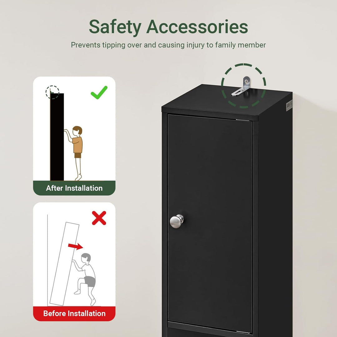 Sort, slankt badeværelsesskab i massivt træ – fritstående med justerbare hylder, 20D x 20B x 180H