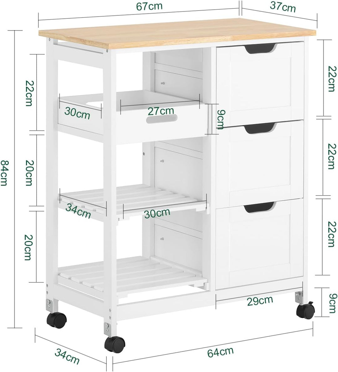 Serveringsvogn med hjul / køkkenvogn med 2 aftagelige hylder og 1 bakke, B68 x D38 x H85 cm, hvid