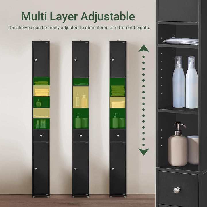 Sort, slankt badeværelsesskab i massivt træ – fritstående med justerbare hylder, 20D x 20B x 180H