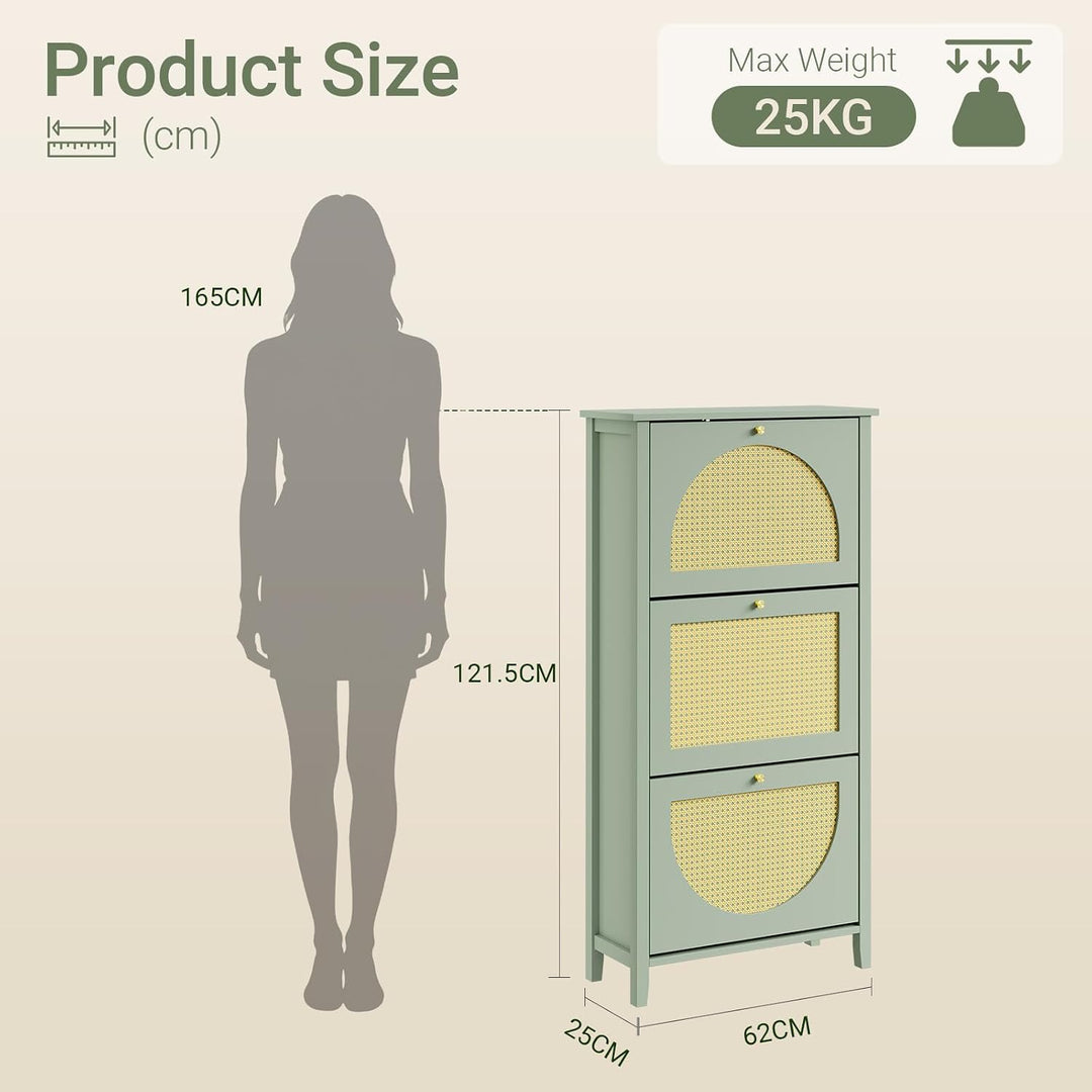 Skoskab smal - 62x25x121,5cm, MDF, rattandøre, skuffe, plads til 8 par sko, pladsbesparende, grøn gul