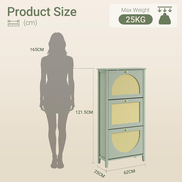 Skoskab smal - 62x25x121,5cm, MDF, rattandøre, skuffe, plads til 8 par sko, pladsbesparende, grøn gul