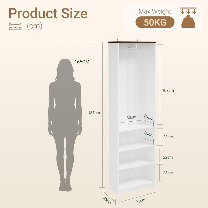 Smalt garderobeskab med tøjstang, 55 × 25 × 187 cm – 3 hylder og justerbar bundhylde