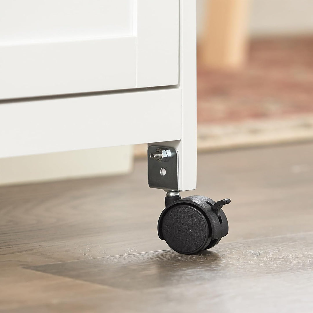 Serveringsvogn med hjul / køkkenvogn med 2 aftagelige hylder og 1 bakke, B68 x D38 x H85 cm, hvid