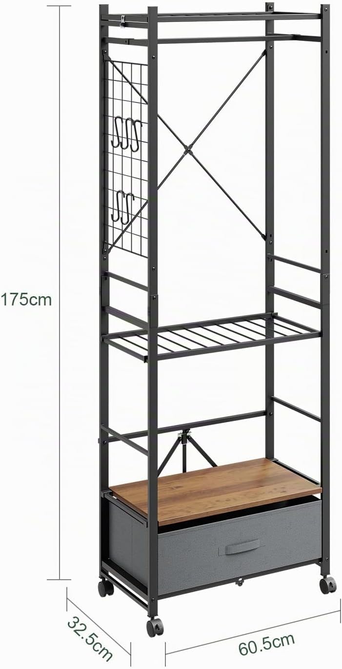 Foldbart tøjstativ med hjul & stofskuffe 60,5x32,5x175cm
