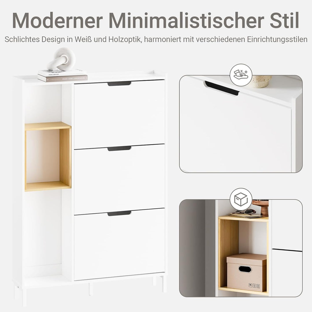 Smalt hvidt skoskab med bambus – kompakt skab med 3 klaplåger og åben træramme, pladsbesparende og ideelt til entré og gang, 90 × 19 × 129,5 cm