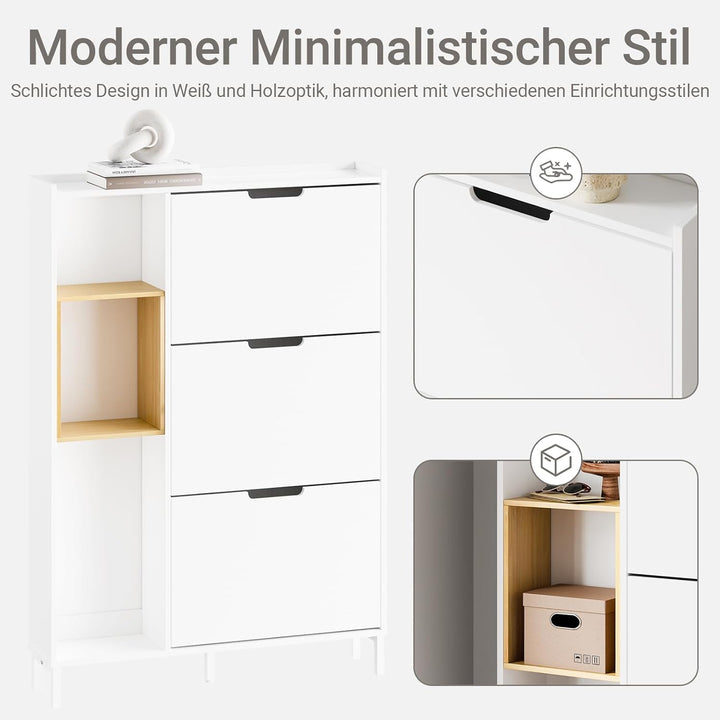 Smalt hvidt skoskab med bambus – kompakt skab med 3 klaplåger og åben træramme, pladsbesparende og ideelt til entré og gang, 90 × 19 × 129,5 cm