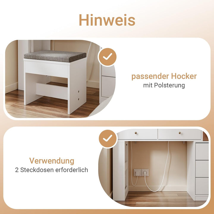 Sminkebord med LED-belysning, ladestation og skammel, 120 × 40 × 127 cm