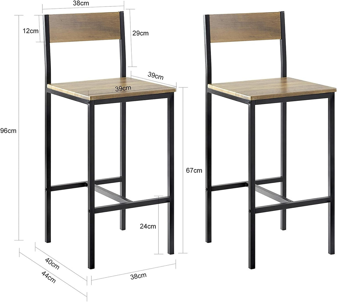 Sæt med 2 barstole, arbejdsstole, barstol med ryglæn - MDF, metal, sædehøjde 67 cm