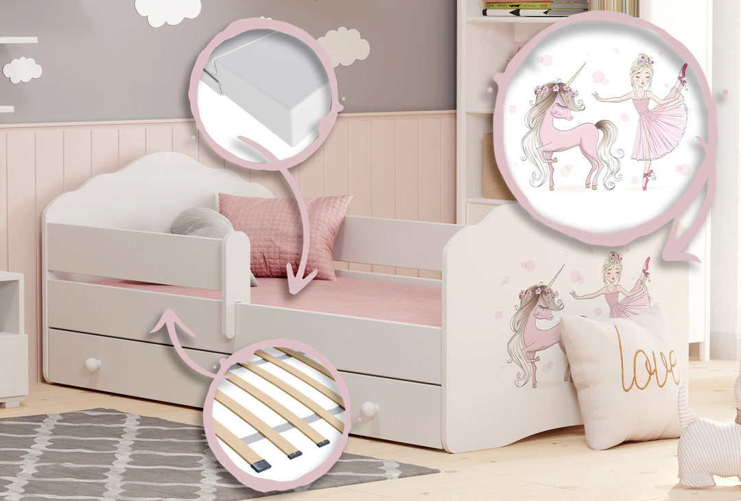 FALA børneseng 140x70 skuffe - Pige med enhjørning