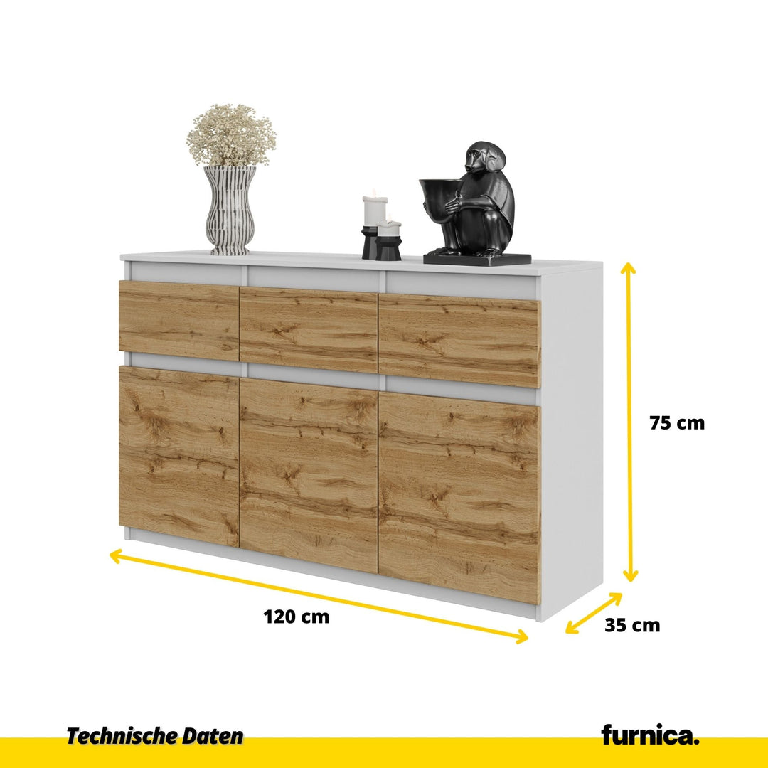 NOAH - Kommode med 3 skuffer - mat hvid / naturfarvet, H75cm B120cm D35cm