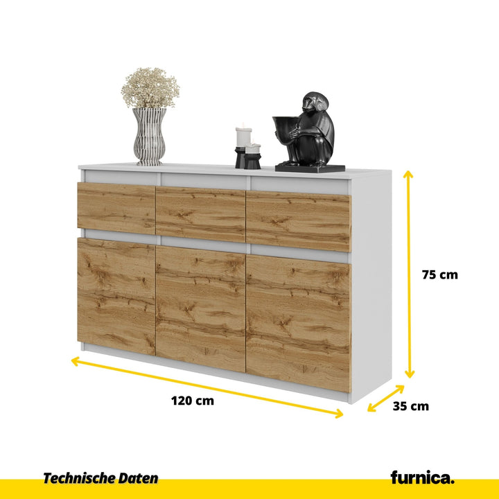 NOAH - Kommode med 3 skuffer - mat hvid / naturfarvet, H75cm B120cm D35cm