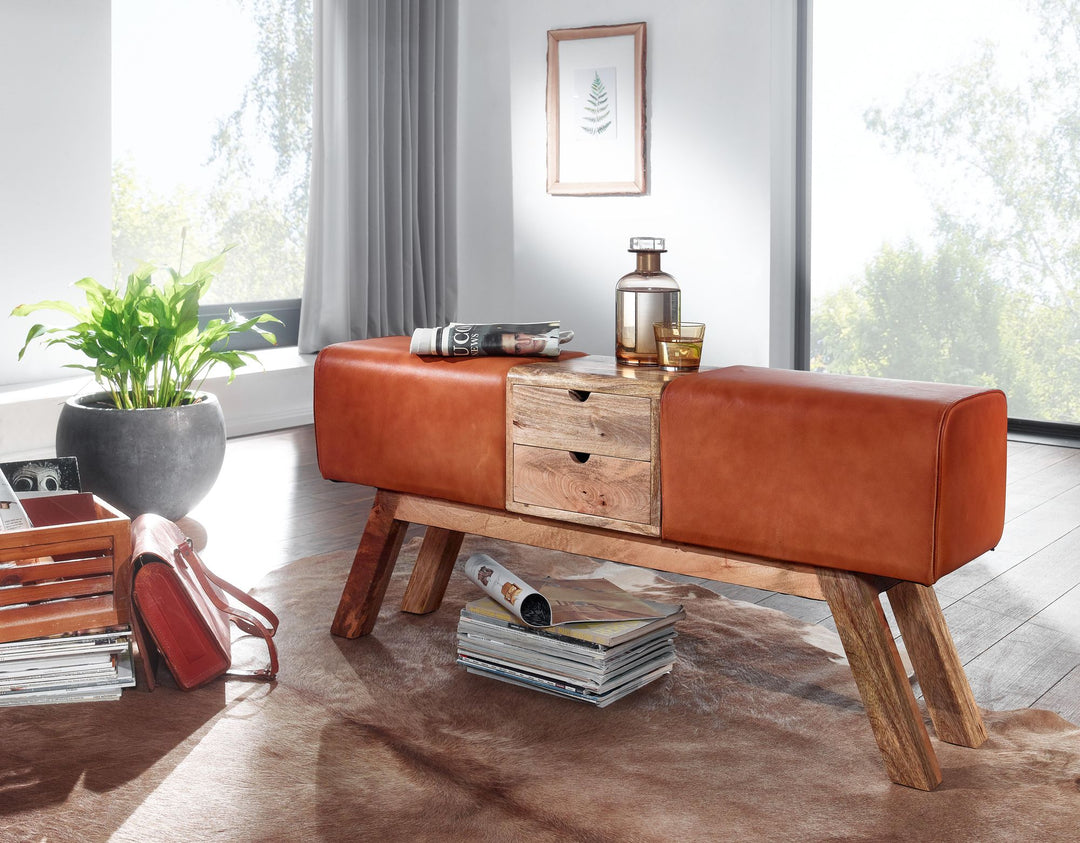 Designer springbænk til hest, brun, med skuffer, 120x56x30 cm, gymnastikbænk i ægte læder med opbevaring, garderobebænk, fodskammel, springhest, gymnastikbænk