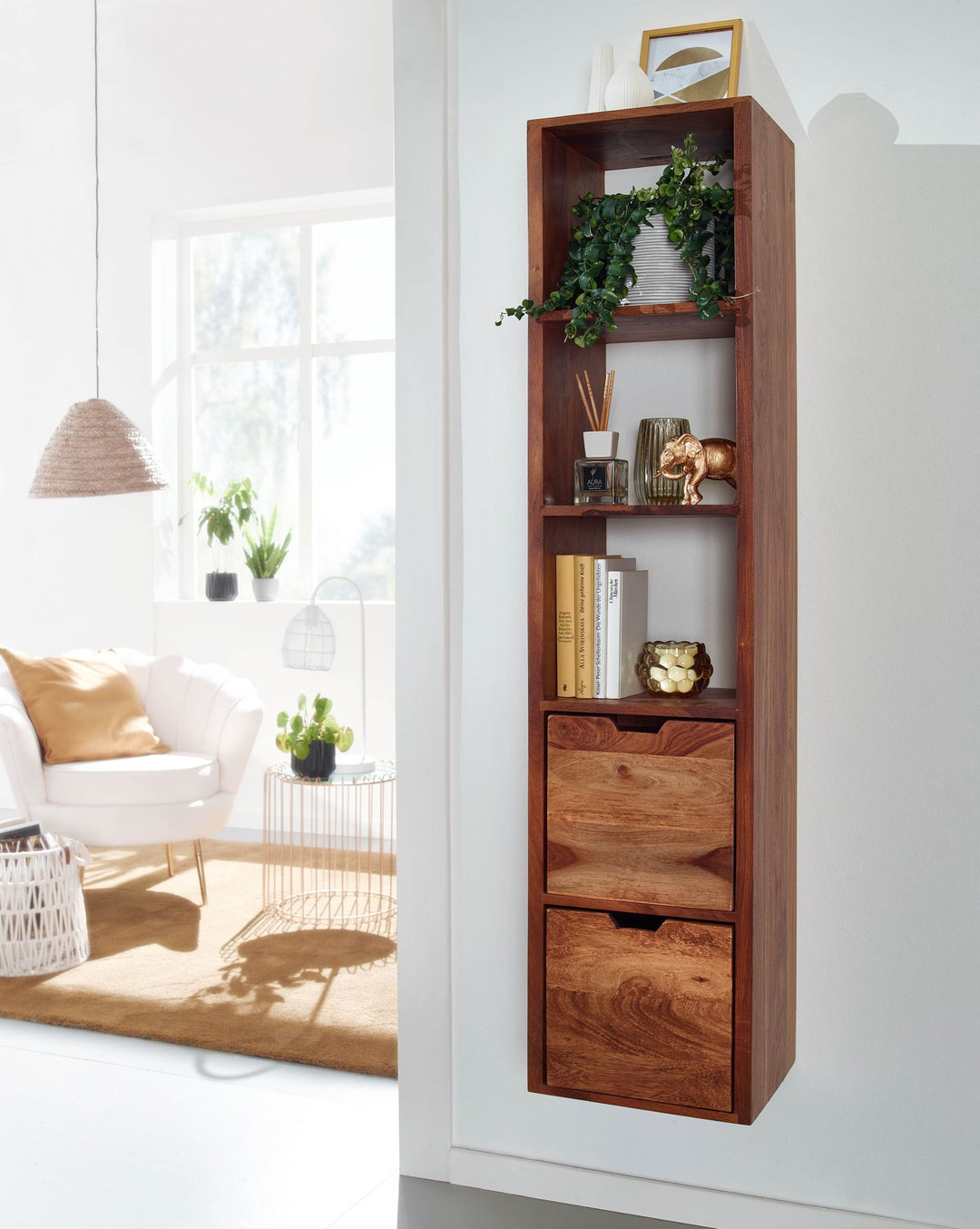 Væghylde med skuffer 35x150x30 cm, massivt sheeshamtræ, hængende hylde, stort design, moderne svævende hylde, hængende hylde til stuen, vægmonteret svævende bogreol