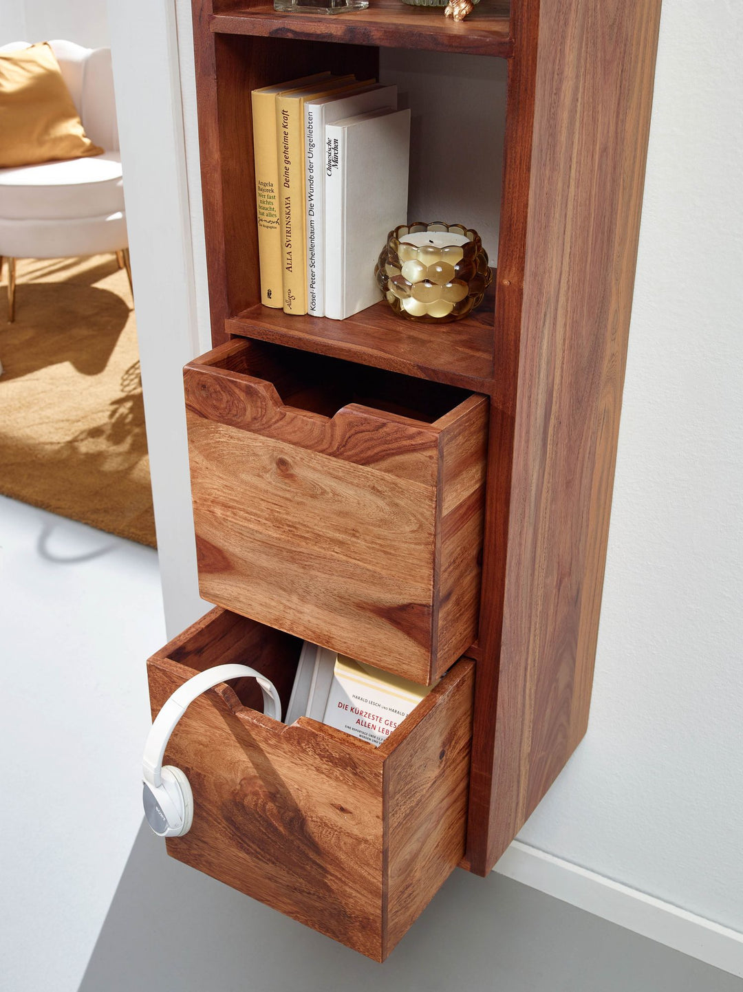 Væghylde med skuffer 35x150x30 cm, massivt sheeshamtræ, hængende hylde, stort design, moderne svævende hylde, hængende hylde til stuen, vægmonteret svævende bogreol