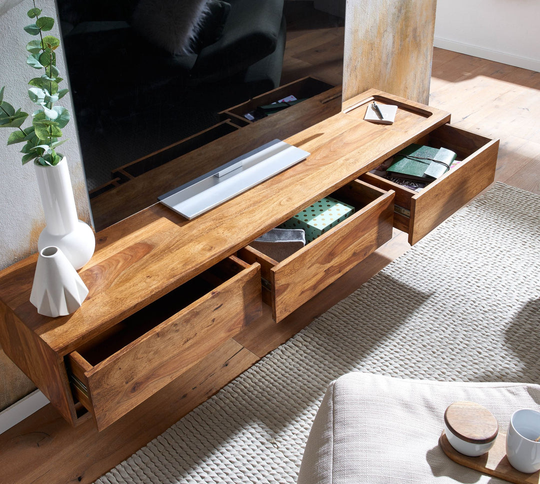 Lavt bord, vægmonteret, massivt sheeshamtræ, 160x25x35 cm, brunt TV-skab, designer TV-bord med opbevaring, moderne vægmonteret TV-skab, TV-kommode, vægmonteret TV-skab