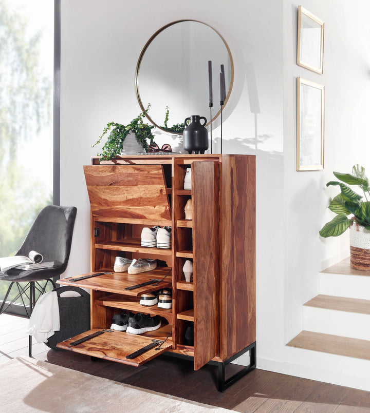 Skoskab i massivt sheeshamtræ 88x120x40 cm, lukket skohylde, designer skoskab, entreskab med hylde, skoopbevaring, entrekommode til sko, høj