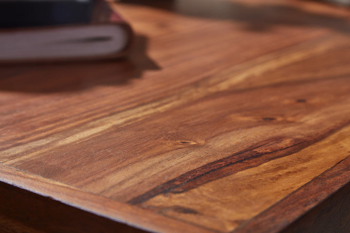 Skrivebord 120x55x78 cm Sheesham massivt træ / forkromet metal, designer kontorbord med skuffe, hjemmekontor bærbar computerbord med opbevaringsplads