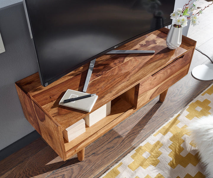 Lavt skab i massivt sheeshamtræ, 95x44x34 cm, TV-skab med skydedør, designer TV-bord, højt TV-skab, moderne TV-bord, TV-skab til stuen