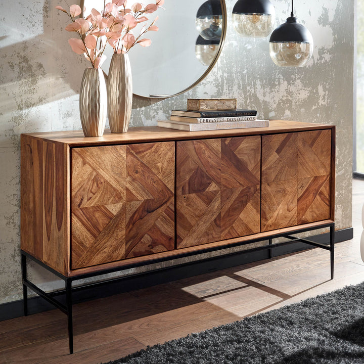Skænk 123x70x45 cm massivt sheeshamtræ/metalskænk med låger