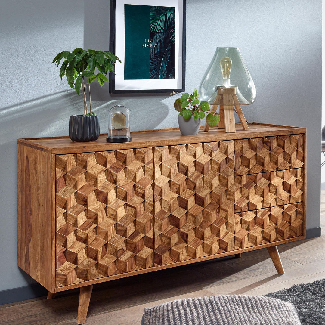 Massivt sheeshamtræsskænk (138x76x45 cm) med døre og skuffer