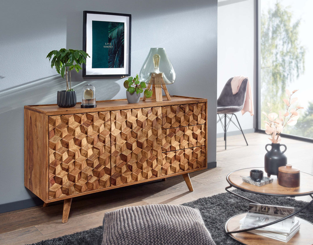 Massivt sheeshamtræsskænk (138x76x45 cm) med døre og skuffer