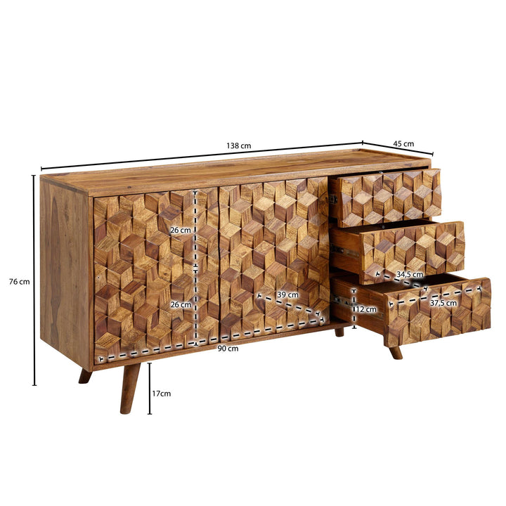 Massivt sheeshamtræsskænk (138x76x45 cm) med døre og skuffer