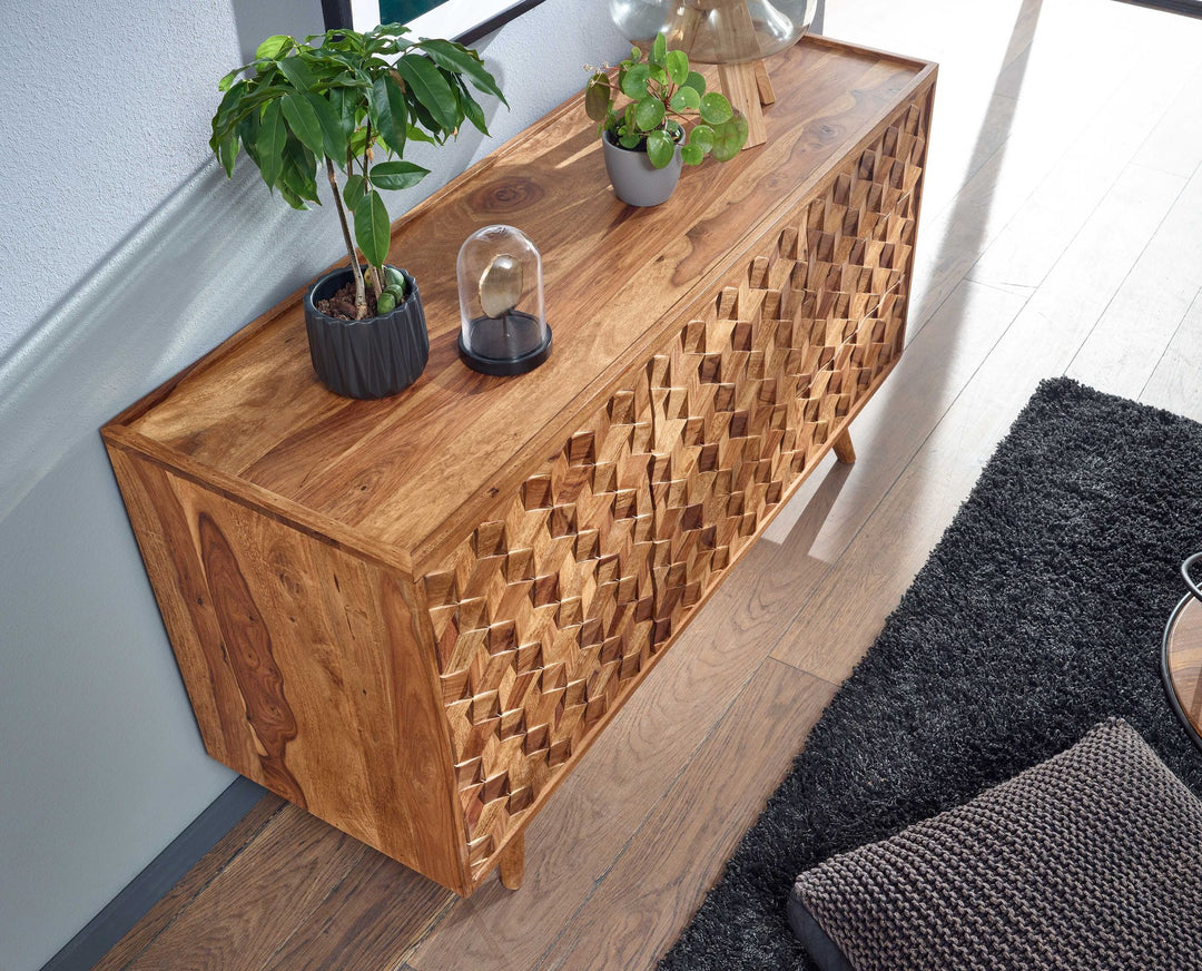 Massivt sheeshamtræsskænk (138x76x45 cm) med døre og skuffer