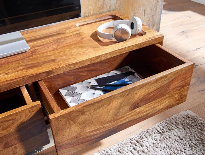 Lavt bord, vægmonteret, lavet af massivt sheeshamtræ, 108x25x34 cm, brunt TV-skab, designer TV-bord med opbevaring, moderne vægmonteret TV-skab, TV-kommode, vægmonteret TV-skab