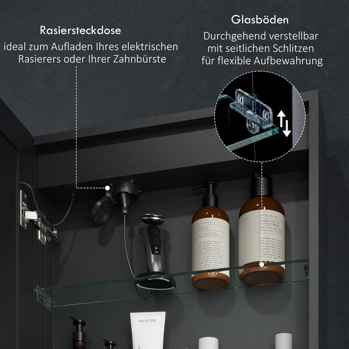 Spejlskab, badeværelsesskab med led, 50 x 70 cm, dæmpbar, anti-dug, sort