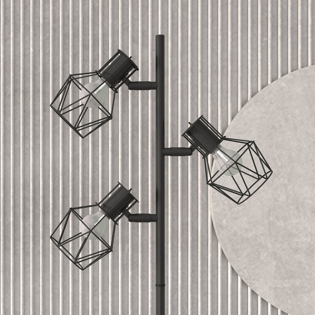 Gulvlampe med 3 lyskilder og fleksible lyselementer, trælignende struktur, til stue og soveværelse, metal, sort