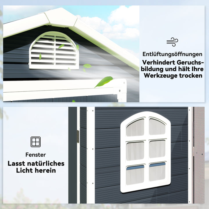 Plastik redskabsskur 1,9m² 134x104x204cm redskabsskur med gavltag, vejrbestandigt havehus, udendørs haveskur, skab til baghave, udendørsområde, mørkegrå