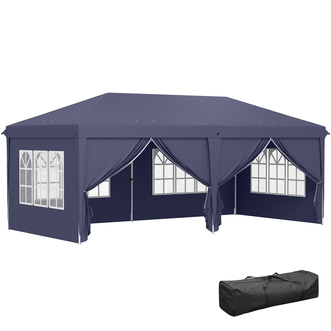Foldbar pavillon 6 x 3 m, aftagelige sidepaneler, store vinduer, lynlåsdøre, stålramme, blå