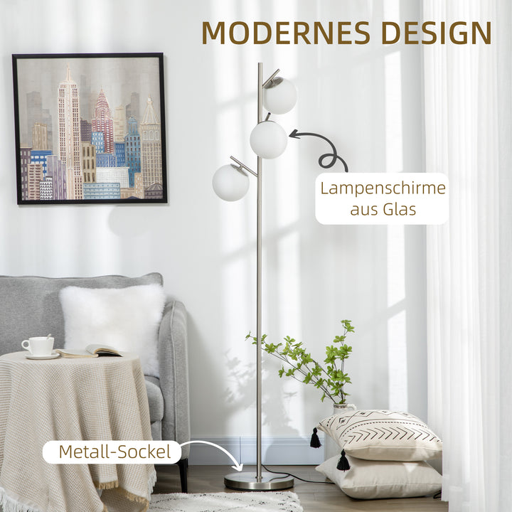 Gulvlampe med 3 glasskærme, e 27, fodkontakt, sølv + hvid