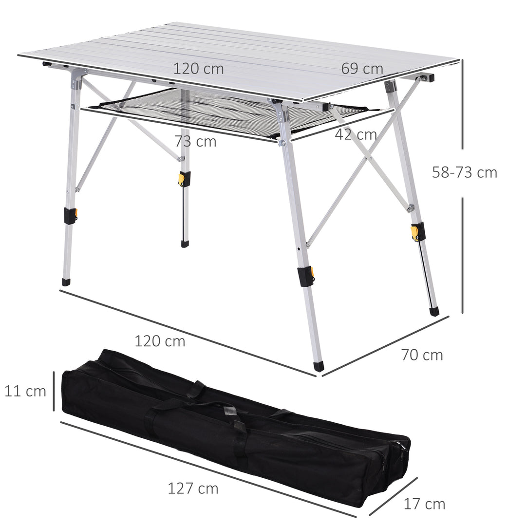 Picnic klapbord, sammenklappeligt bord, højdejusterbart campingbord, inkl. bæretaske, aluminium, sølv, 120 x 69 x 59-78 cm