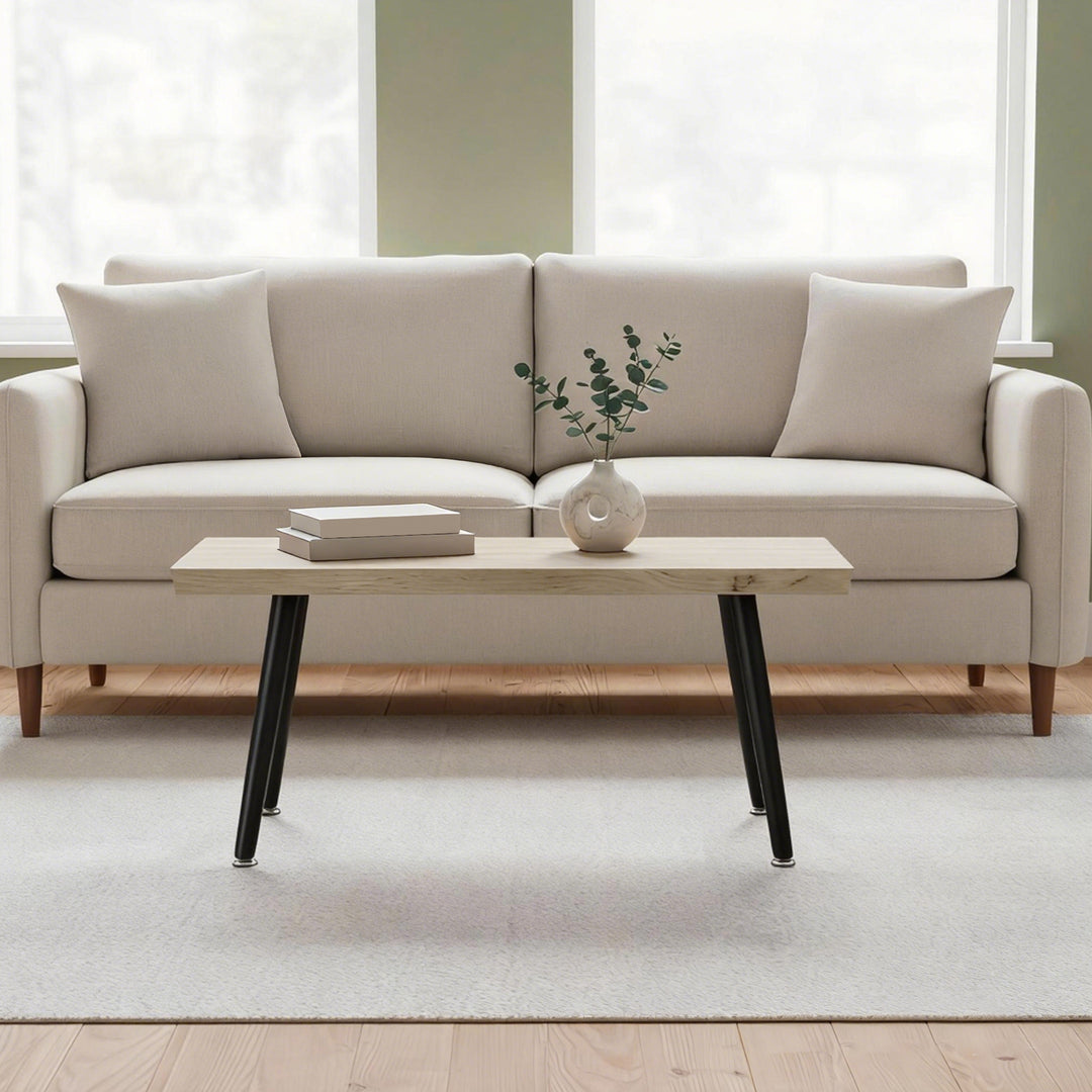 Sofabord/sidebord med metalben, 4 cm tyk bordplade, stuebord, 100 x 50 x 45 cm, eg og sort