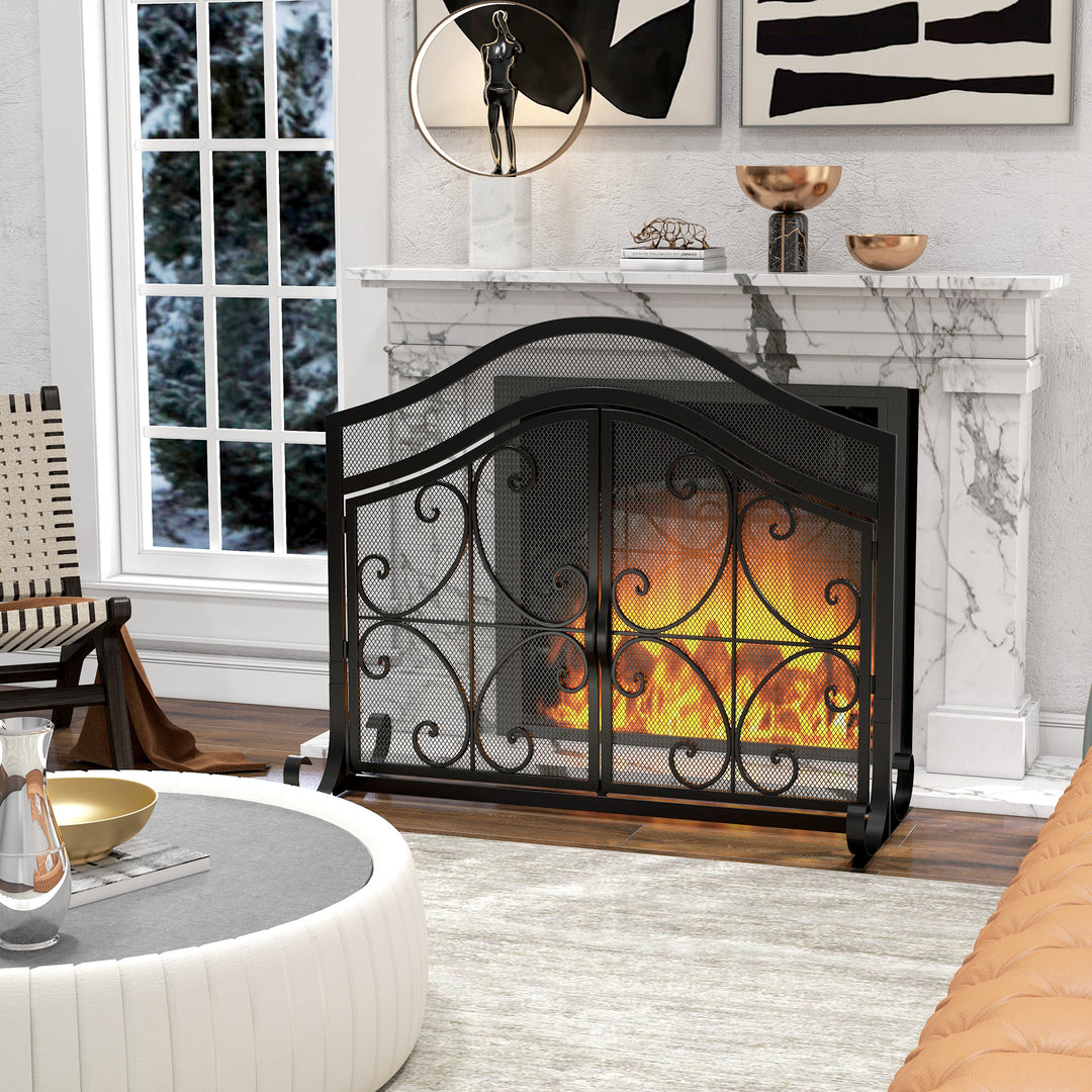 Gnistskærm til pejse, elegant mønster, dobbeltdør, magnetiske døre, sort, 105 x 40 x 80,5 cm