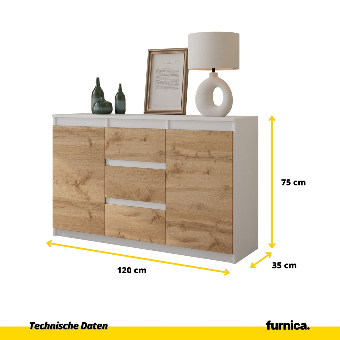 MIKEL - Kommode med 3 skuffer - mat hvid / naturfarvet H75cm B120cm D35cm