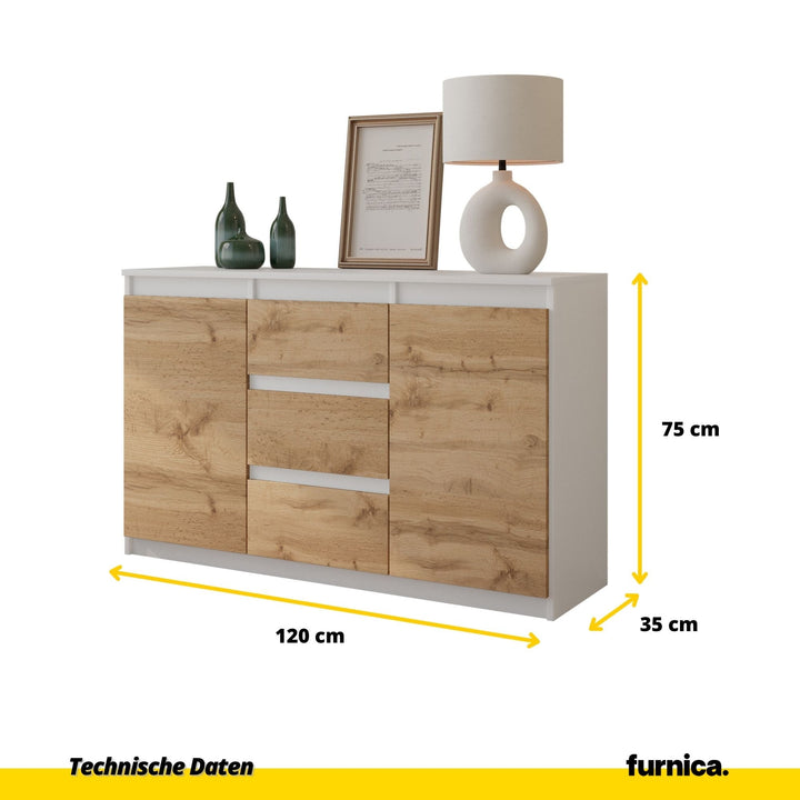 MIKEL - Kommode med 3 skuffer - mat hvid / naturfarvet H75cm B120cm D35cm