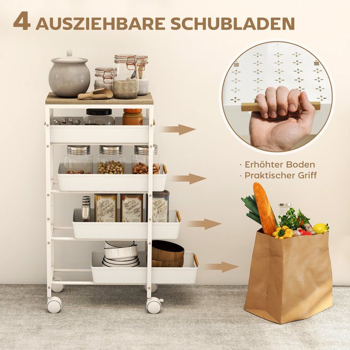 5-etagers køkkenvogn, trælook, rullende, metalramme, 4 skuffer, hvid