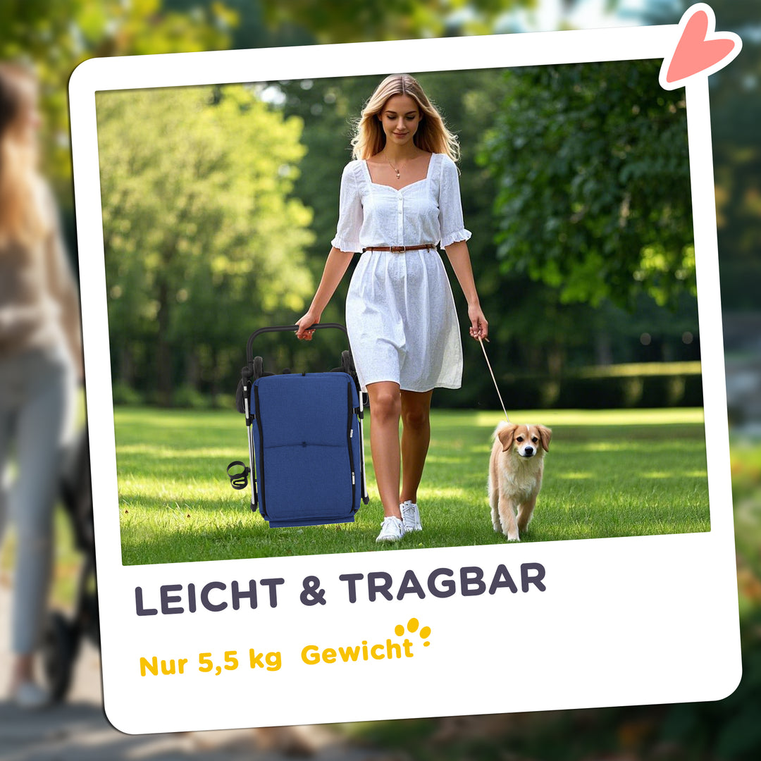 Hundeklapvogn, let og sammenklappelig transportvogn til små hunde, vaskbar hynde, netvindue, mørkeblå