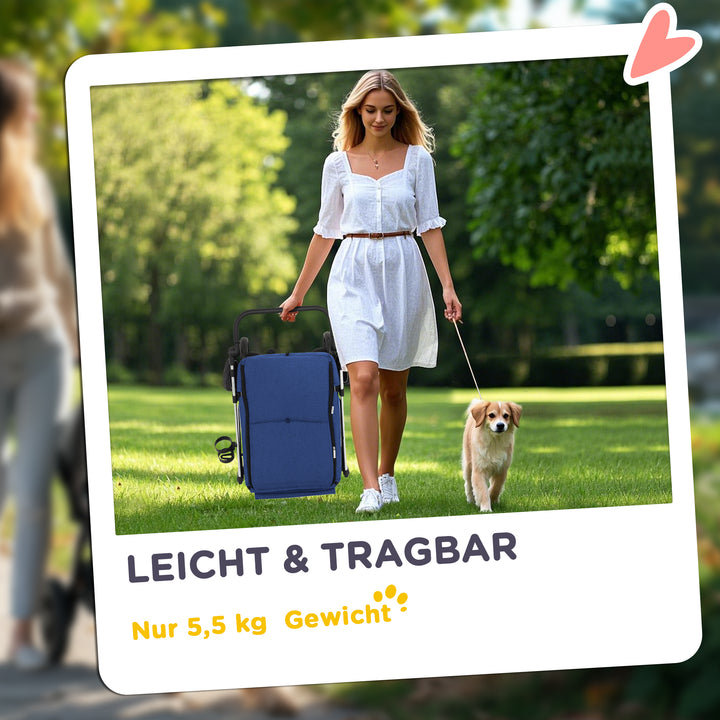 Hundeklapvogn, let og sammenklappelig transportvogn til små hunde, vaskbar hynde, netvindue, mørkeblå