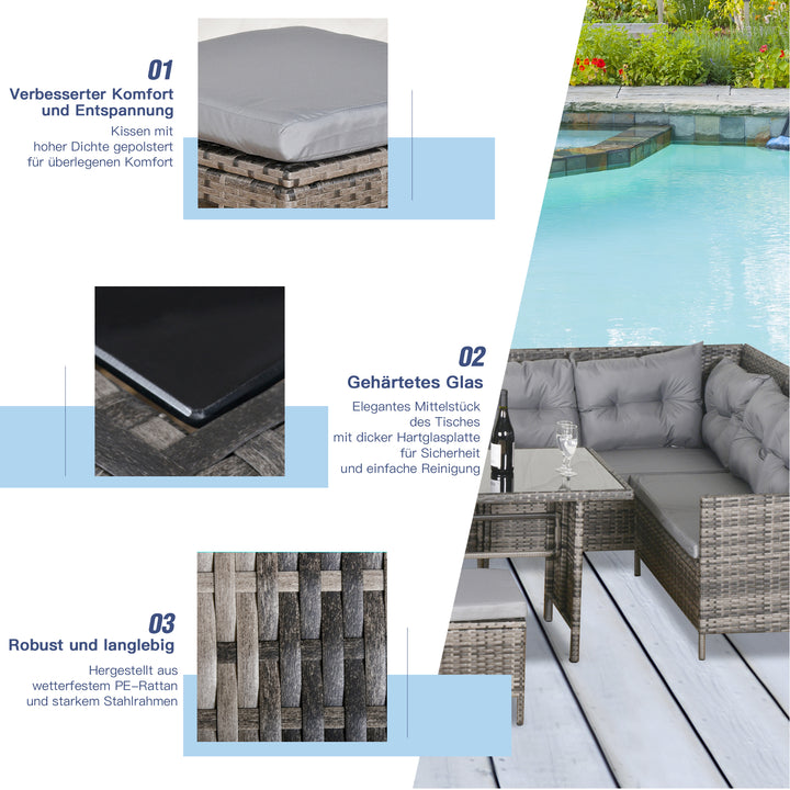 Pe-rattan havemøbelsæt til 5 personer, rattan loungesæt, aftagelige hynder, grå + brun