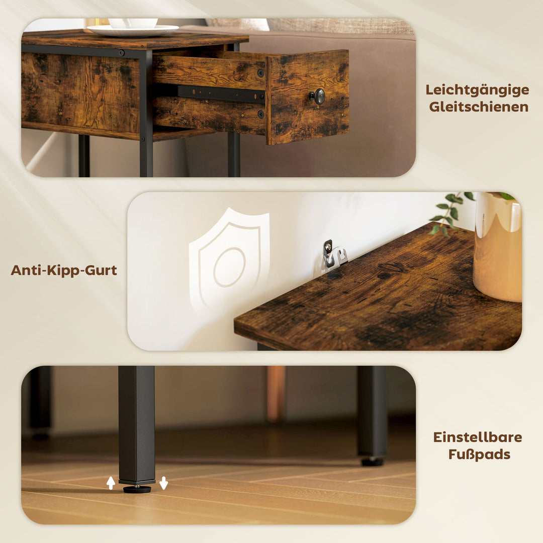 Sidebord med åbent rum og skuffe, sengebord, metalben, træ, brun