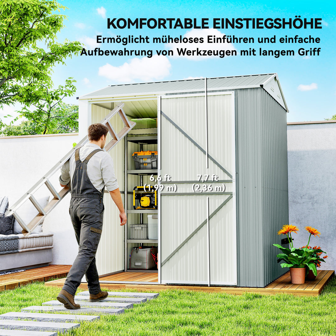 Metalskur 3,5 m², højt aflåseligt skur med skråtag, ventilation, handsker, 209 x 177 x 236 cm