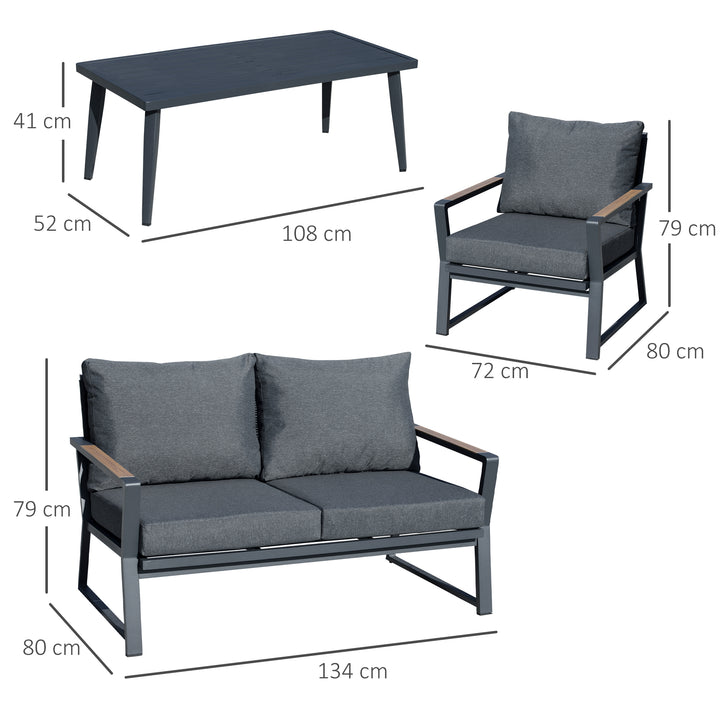 Havemøbelsæt til 4 personer, sofa, lænestol, sidebord, polyrattan, aluminium, grå