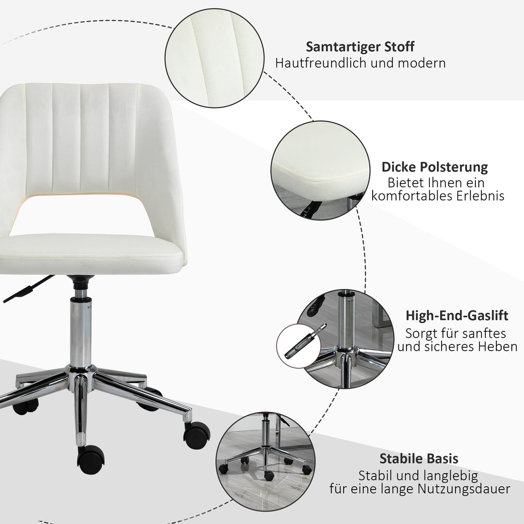 Højdejusterbar kontorstol med hjul, 360° drejelig, kammuslingeformet, skum, 49 x 60 x 79-91 cm, cremehvid