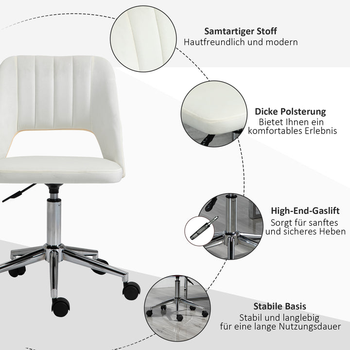 Højdejusterbar kontorstol med hjul, 360° drejelig, kammuslingeformet, skum, 49 x 60 x 79-91 cm, cremehvid