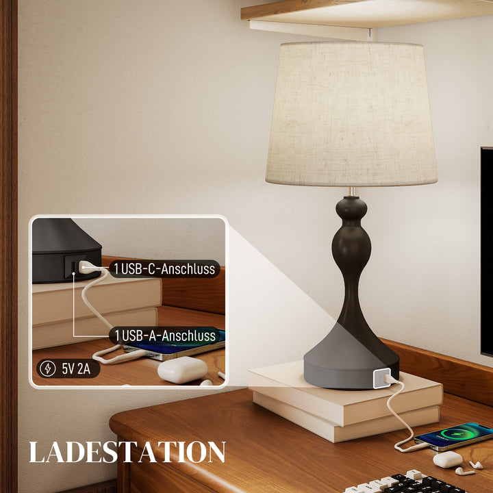 LED-bordlampe med 3 farvetemperaturer, sengelampe med USB A+C-opladeporte, skærm i linned, sort