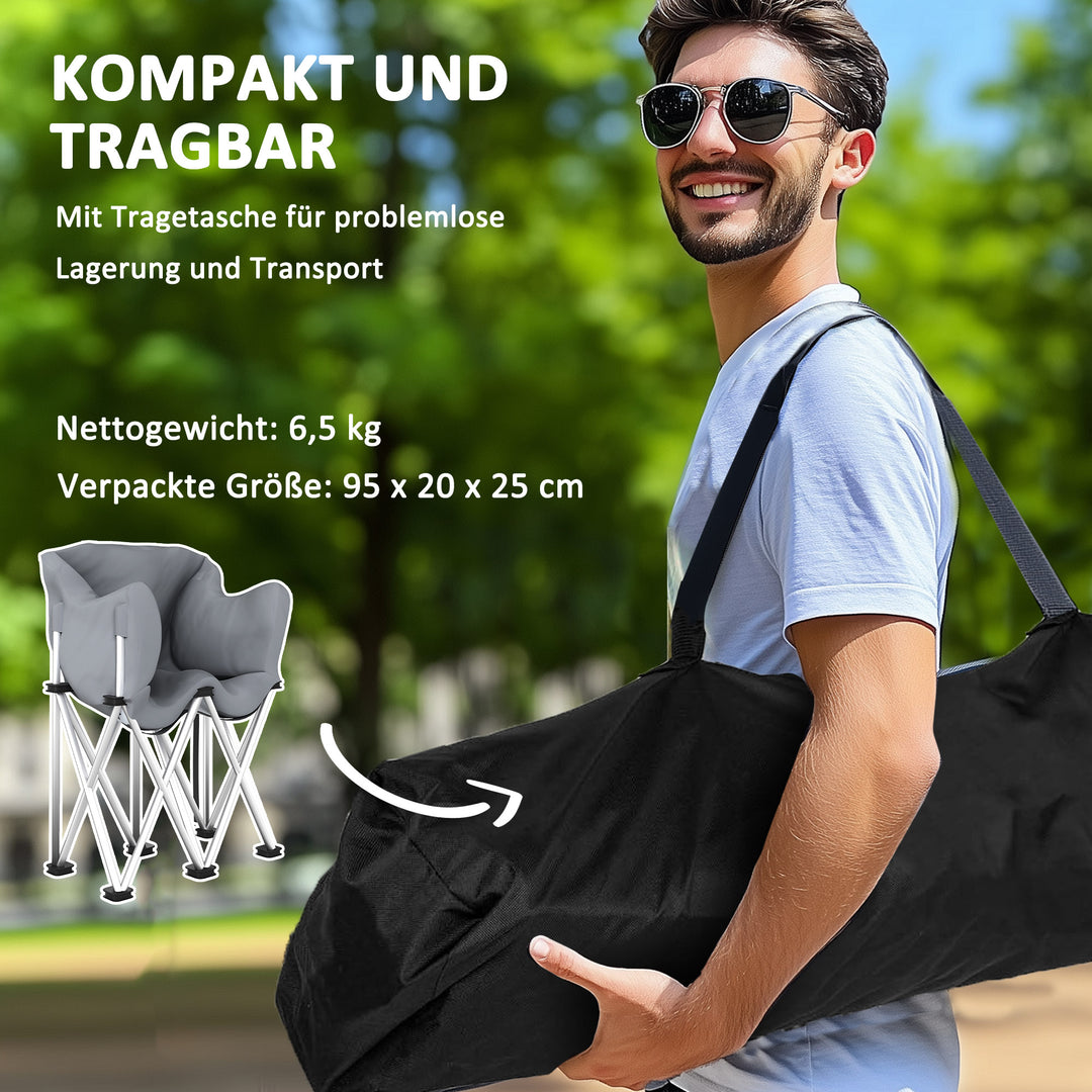 Klapstol 2-personers foldbar campingstol med armlæn sidelomme op til 240 kg lasteevne grå