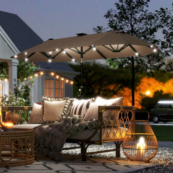 Dobbelt parasol 292 x 150 cm, parasol med LED-belysning, håndsving, vippefunktion, khaki
